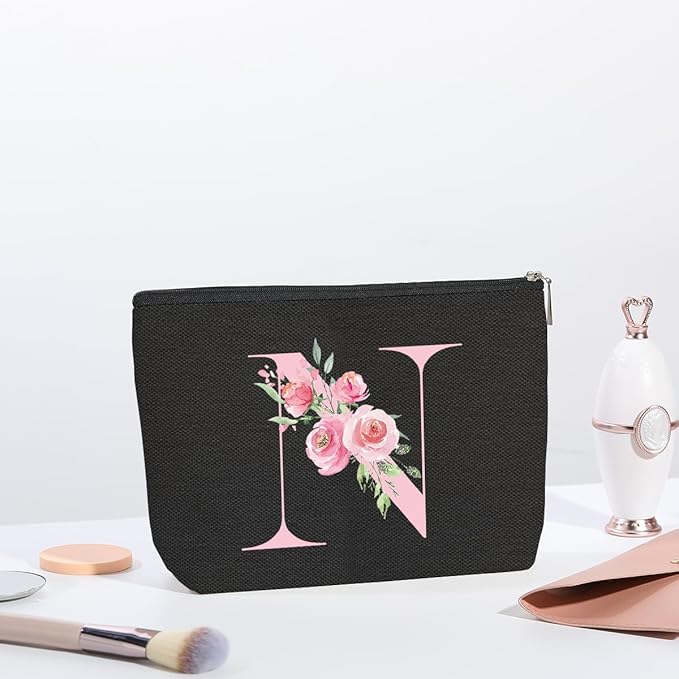 kdxpbpz A-Z Personalized Cosmetic Bag Monogrammed Makeup Bags Bridesmaid Gifts Custom Toiletry Pouch Gifts for Women Mom Best Friend Sister Bride Bridesmaid (N)