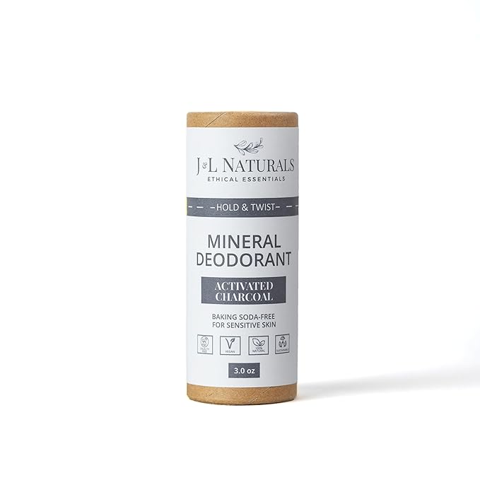 J&L Naturals Mineral Deodorant | Baking Soda-Free, 100% Natural, Sustainable Skin Care | Sensitive Deodorant For Women & Men | Aluminum Free, Vegan, Cruelty-Free (Activated Charcoal, 3 Oz (Pack of 1))