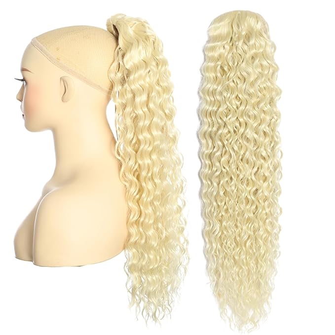 Deep Wave Ponytail Extension for Women 12 Inch 613# Curly Wavy Ponytail Hair Extensions Drawstring with Clips Short Synthetic Hairpiece for Daily and Party
