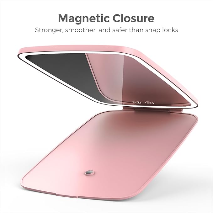 Rechargeable Folding Makeup Mirror with LED Lights, 10" x 7" Large View, 3 Lighting Modes, 2000mAh Battery & Magnetic Closure for Home & Travel (Pink)
