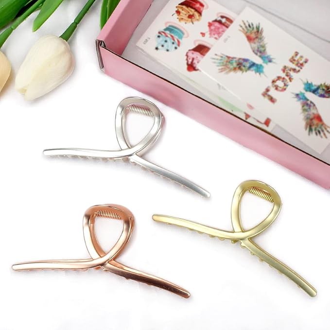 Hair Claw Big Shark Hair Barrette Clamps - Strong Hold Metal Barrettes for Women and Girls, Large Hair Accessories 3 Pcs (Matte Silver, Gold, Rose Gold)