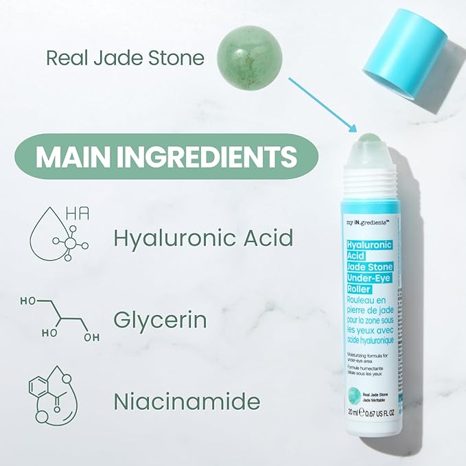 Masque Bar My Ingredients Hydrating Smoothing Under Eye Seru Jade Stone Roller, Under Eye Roller for puffiness, Niacinamide & Hyaluronic Acid Treat Dark Circles, Wrinkles, Travel Essentials, 20ml
