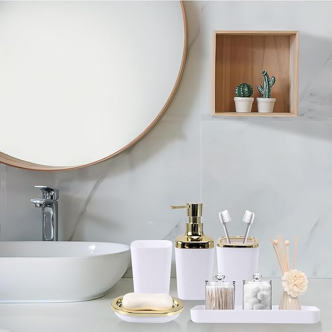 XLHOMO White Bathroom Accessories, 24 Pieces White Bathroom Accessories Set with Shower Curtain, Bath Towels, Trash Can, Soap Dispenser and Soap Dish for Bathroom/Housewarming