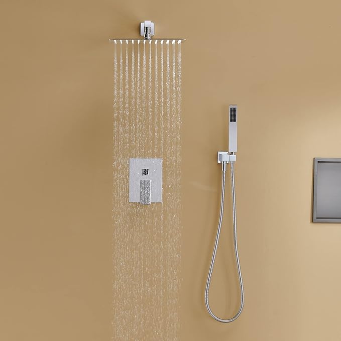 Artiqua Rain Shower System 12 Inches Shower Combo Set Chrome Wall Mount Faucet Bathroom Faucets with Rainfall Shower Head and Hand Shower