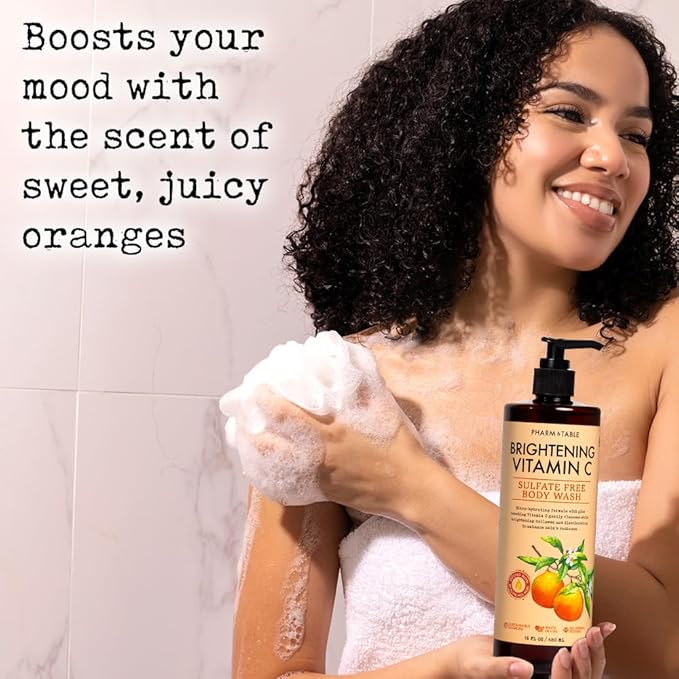 PHARM TO TABLE Brightening Vitamin C Body Wash for Women and Men - Brightens and Nourishes the Skin, Sulfate Free, 100% Cruelty Free, 480ml