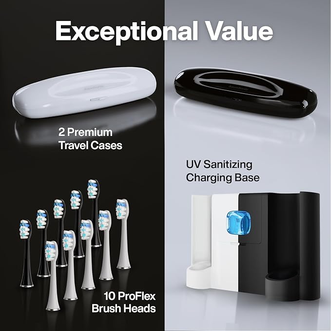 Aquasonic Duo Series PRO UV - ADA Accepted Electric Toothbrushes with UV Sanitizer - Inductive Charging Base - 5 Modes with Smart Timers - 10 Proflex Brush Heads & 2 Travel Cases (Pack of 2)