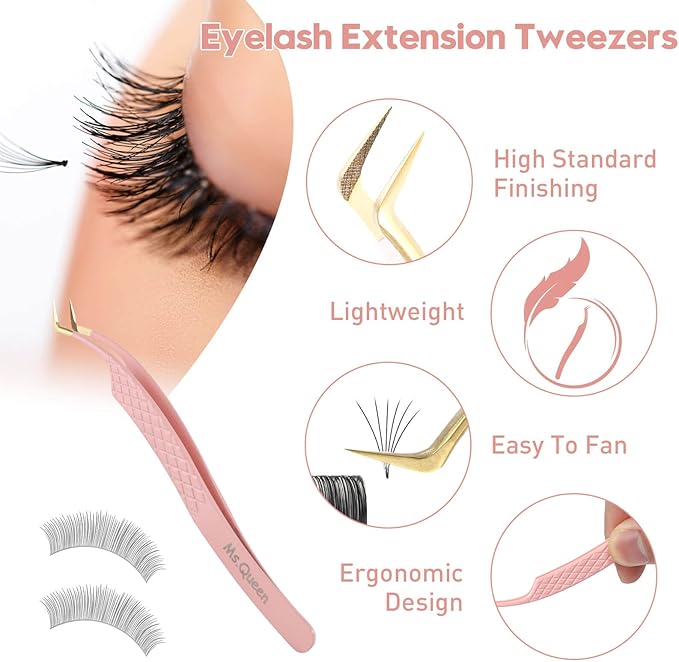 Ms.Queen Eyelash Extension Tweezers,Diamond Grip Lash Tweezers for Isolation Applying and Mega Volume Mink Lashes Fanning