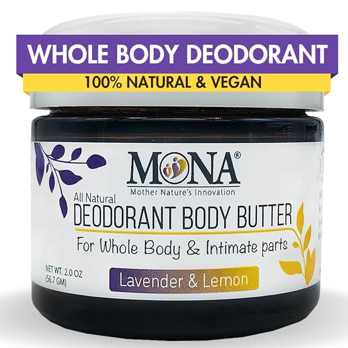 MONA BRANDS All Natural Deodorant Body Butter for Whole Body & Intimate Parts | Deodorant Cream for Women, Men, and Teens | Aluminum Free | Lavender & Lemon 2 oz