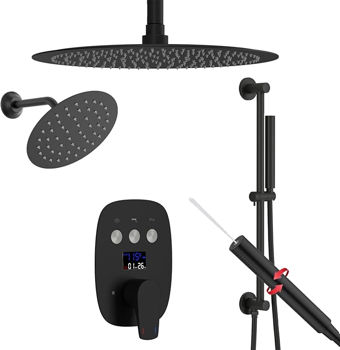 HONGTONGSOWER Shower Faucet Set Matte Black Shower System Temperature Display Diverter Shower Valve and 2 in 1 Handheld with Slide Bar, 12 Inch Ceiling Shower Head with 8 Inch Wall Mount Shower Head