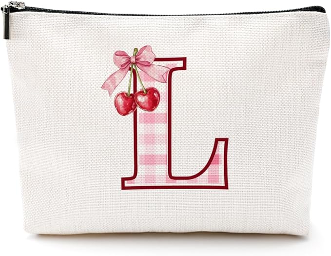 CQM Initial Makeup Bag Monogram Cosmetic Bag Monogrammed Gifts for Women Girls Friends Coworker Wife Personalized Travel Toiletry Bag Christmas Bridal Shower Wedding Bridesmaid Gifts, Cherry L