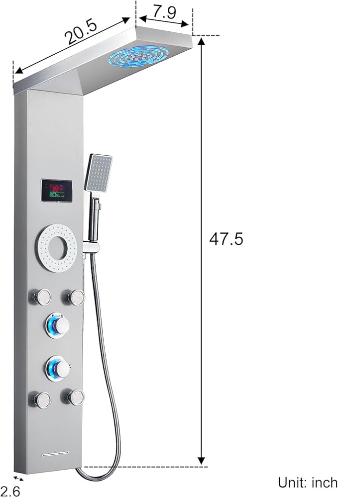 TSIBOMU LED Shower Panel Tower System, Stainless Steel Rainfall & Mist Shower Tower, 5 Body Jets, Handheld Shower, Tub Spout and Hydroelectricity Temperature Display, Brushed Nickel