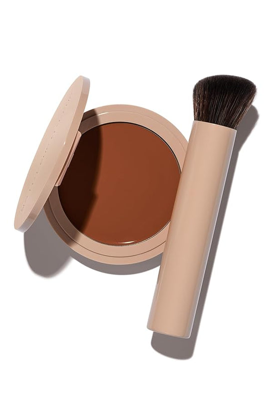 No Makeup Makeup Foundation + Brush Duo, Cream-Balm Formula Conceals, Corrects and Camouflages with Skin-Tone Adaptive Flexshade Technology, Buildable, Long-Lasting, Cruelty-Free, Vegan, Warm Deep