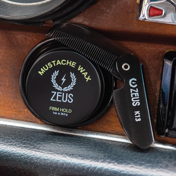 ZEUS Firm Hold Mustache Wax for Men, All-Day Hold & Moisturizing Grooming Mustache Wax with All Natural Ingredients & Application Pick (Made in USA) 1 oz.