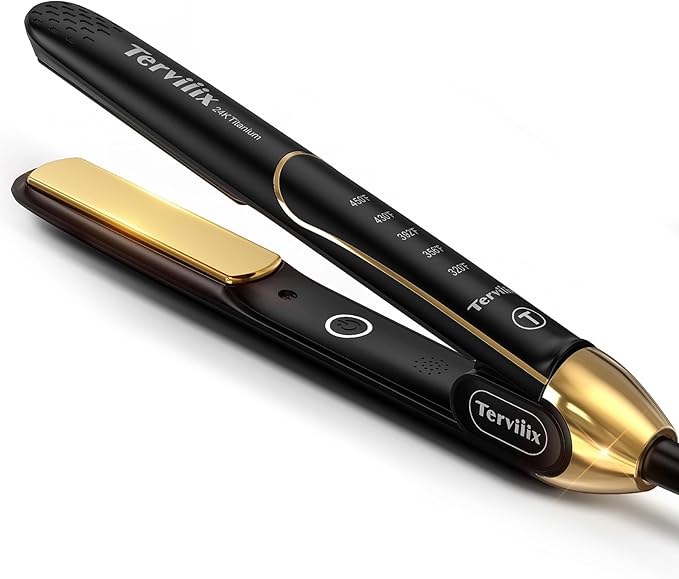 Terviiix 100% Titanium Flat Iron, 24K Salon Professional Hair Straightener and Curler 2 in 1, Non-Snagging Straightening Iron for One Swipe, 15s Ultra Fast Heating, Dual Voltage, Auto Shut Off, 1''