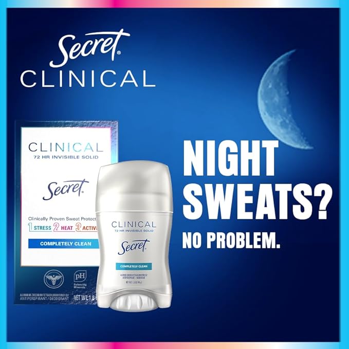 Secret Clinical Strength Antiperspirant Deodorant for Women, 3X Stress Protection, 72hr Sweat & Odor Protection, PH Balancing Minerals, Invisible Solid, Cool Waterlily Scent, 2.6 oz