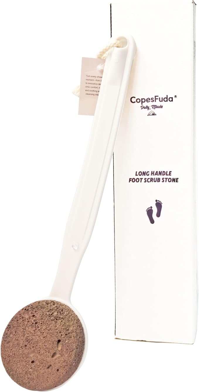 Curved Handle -13.7" Pumice Stone - Ergonomic Non-Slip Foot Scrubber for Shower - Easy Reach Callus Remover & Pedicure Tool for Cracked Heels & Smooth Feet