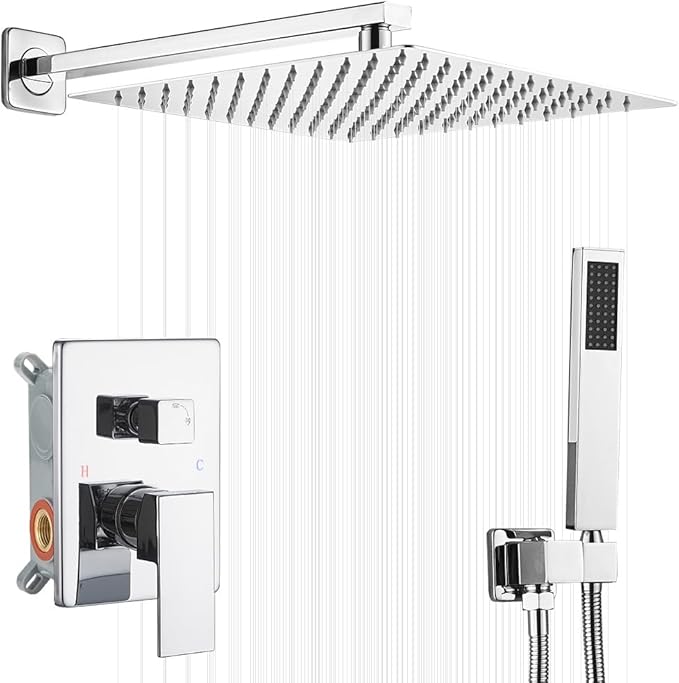YCAIKOI Shower Faucet Set 16 Inch Wall Mount Rain Shower System, All Metal Shower Fixtures - Polished Chrome