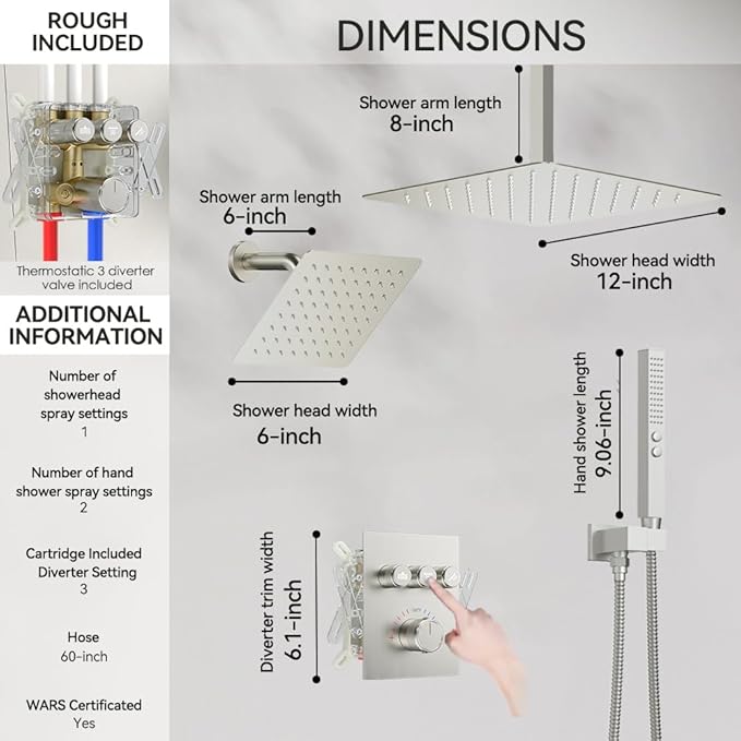 Shower Faucets Sets Brushed Nickel Shower System,12" Ceiling Rainfall Shower and 6" Wall Mount with 2 in 1 Handhled, Can Use All at Once, Thermostatic Shower Set with Valve and Trim Kit