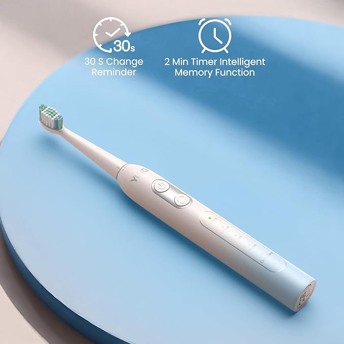 YUNCHI Electric Toothbrush Birthday/Valentine Plastic 8 Heads 24-Mo Deep Cleans Gentle Gums Removes Stains 3Hr USB-C 90d 2-Min Timer/30s IPX7 - Yellow Blue