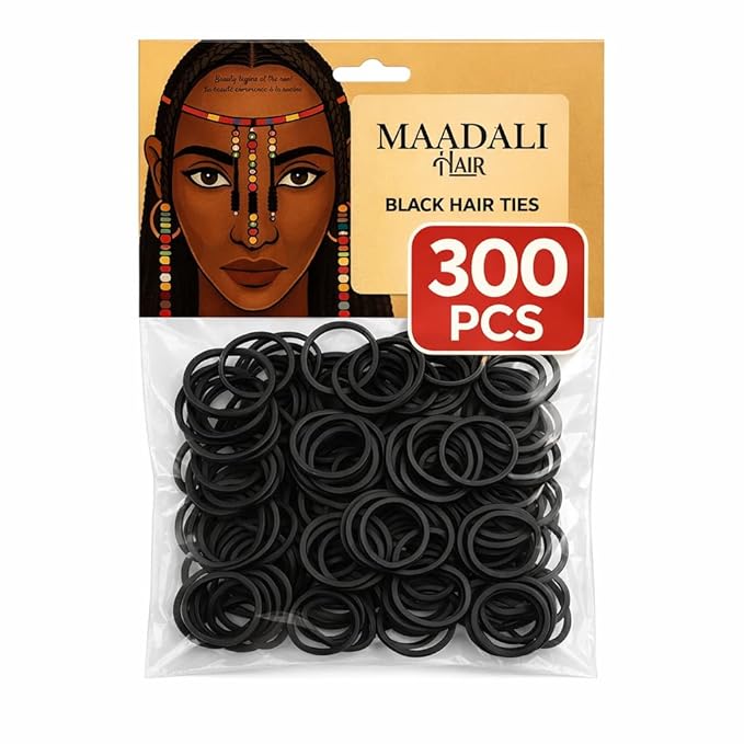 300 Black Hair Ties - Small Strong Rubber Bands for Thick, Curly & Afro Hair, Braids, Ponytails & Protective Styles - No Breakage Hair Elastics bands for Women & Girls - MAADALI