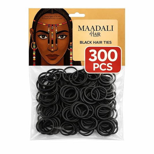 300 Black Hair Ties - Small Strong Rubber Bands for Thick, Curly & Afro Hair, Braids, Ponytails & Protective Styles - No Breakage Hair Elastics bands for Women & Girls - MAADALI