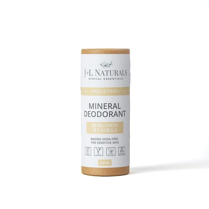 J&L Naturals Mineral Deodorant | Baking Soda-Free, 100% Natural, Sustainable | Sensitive Deodorant For Women & Men | Aluminum Free, Vegan, Cruelty-Free (Bergamot & Vanilla, 3 Oz (Pack of 1))