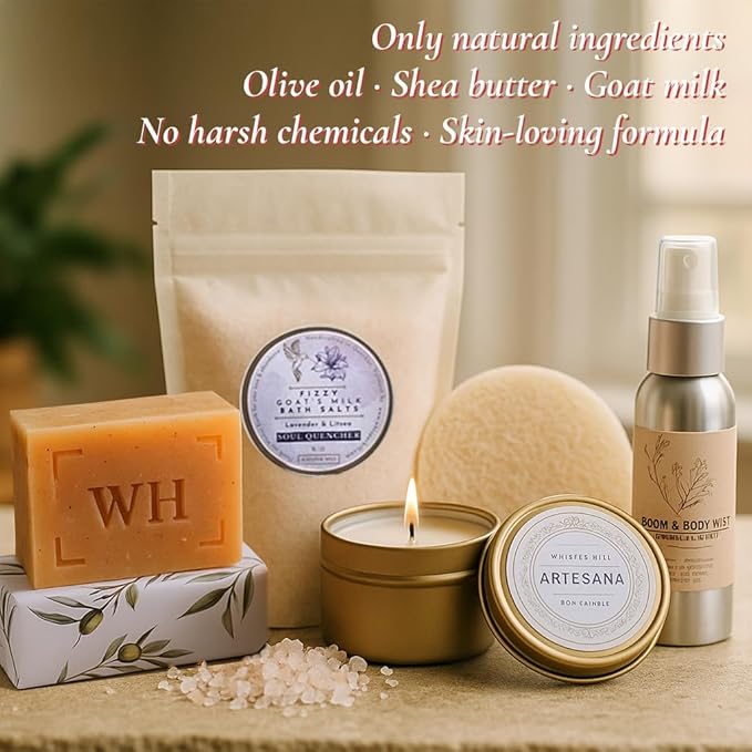 WHISPER HILL End-of-Year Gift Box – Ready to Give Spa Gift Set for Women | Made in Vermont | Natural Candle, Goat Milk Soap, Bath Salts, Room Mist & Loofah | Skin & Spirit Collection