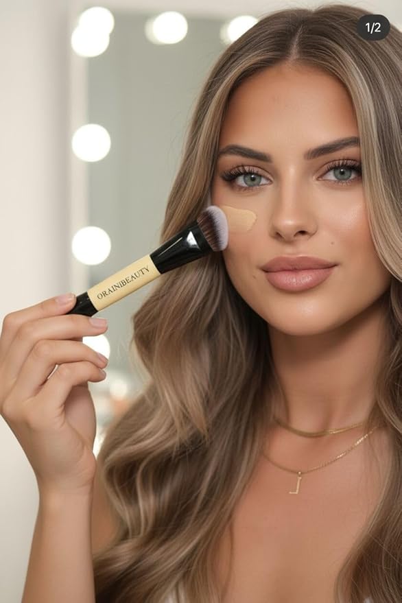 OrainiBeauty Dual-Ended Foundation Brush – 2-in-1 Makeup Brush for Liquid, Cream & Powder | Precision Tip for Contour & Hard-to-Reach Areas | Soft Vegan Bristles, Streak-Free Finish.