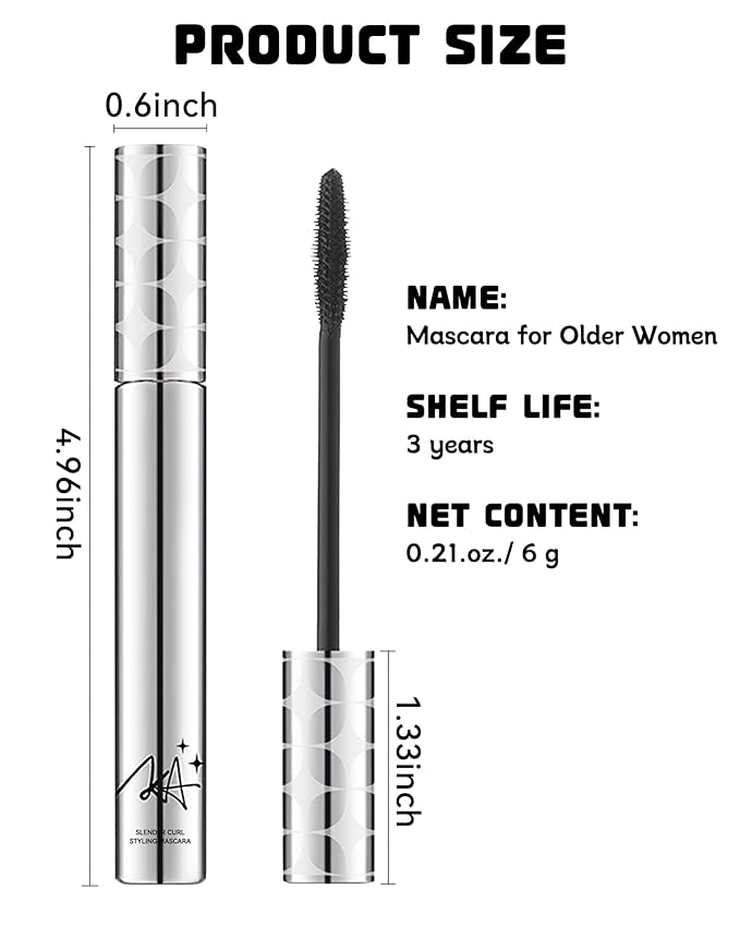 Mascara for Older Women 60 Plus -2Pcs Black Mascara Volume and Length for Mature Women with Thinning Lashes, Prime Máscara Waterproof Long Lasting Volumizing, Hypoallergenic Máscara for Sensitive Eyes