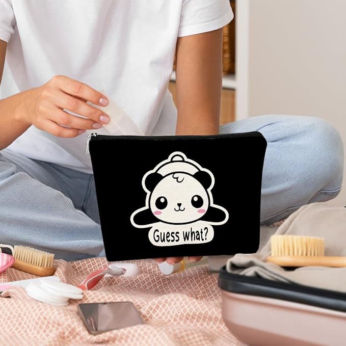 BARPERY Cute Baby Panda Makeup Bag, Guess What It's Pug Butt Cosmetic Case for Teen Girls & Women, Panda Accessory (Black)