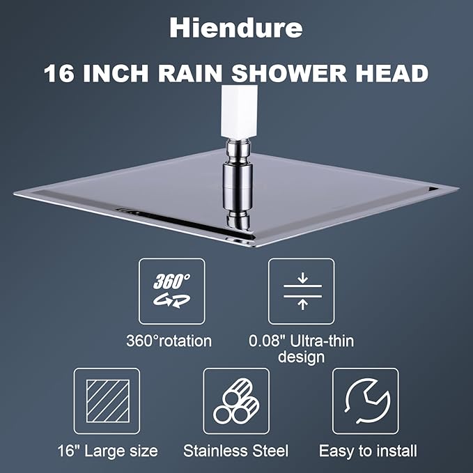 Shower Head, 16 Inch High Pressure Flow Rainfall Shower, Square Ultra Thin Waterfall Bath Showerhead with Silicone Nozzle and Adjustable Metal Swivel Ball Joint, Stainless Steel, Polished Finish