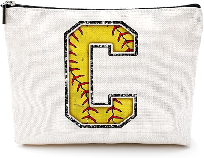 CQM Softball Gifts Initial Makeup Bag Monogrammed Cosmetic Bag Yellow Letter C Zipper Pouch Softball Accessories for Girls Women Player Coaches Bestie Graduation Birthday Gifts