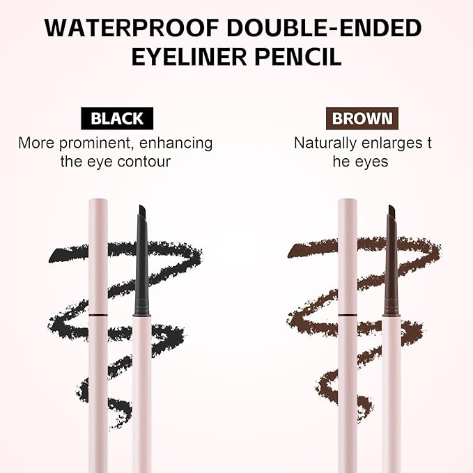 Dual-Ended Eyeliner + Brush, Waterproof Black Brown Eyeliner Pencil for Woman, Smudge-Proof Long-Lasting Wear Eye Makeup 2-Pack