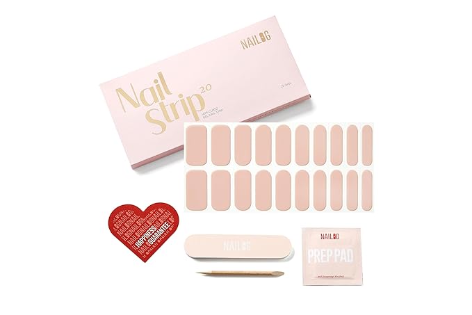 NAILOG Semi Cured Gel Nail Strips, 20 Pcs Nude Beige Long Lasting Stickers Extra Long Nail Wraps with Glossy Gel Finishing for Spring Summer, in The Nude
