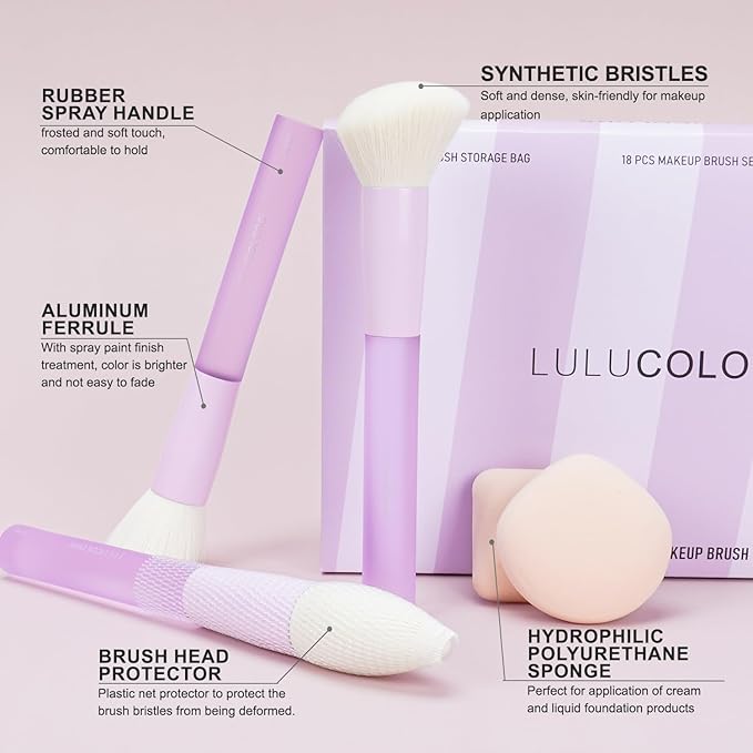 LULUCOLORS 18-Piece Light Purple Professional Makeup Brush Set – Translucent Rubberized Handles, Soft Synthetic Bristles for Face & Eye Makeup–Includes Travel Bag & Sponges, Complete Brush Collection