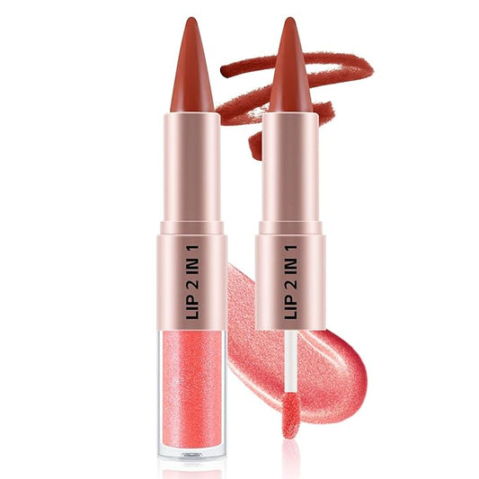 2-in-1 Matte Lip Liner Pencil and Lip Gloss Set, Double-ended Plumping Lip Oil Set for Women, 12H Long-Lasting & Waterproof Lipstick 2Pcs