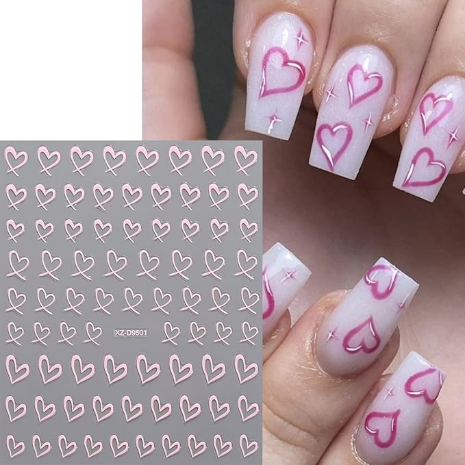 8Pcs Heart Nail Art Stickers 3D Self-Adhesive Sparkling Love Nail Art Decals Gold Silver Red White Black Romantic Heart Designs Nail Sticker for Valentine DIY Manicure Decoration Accessories