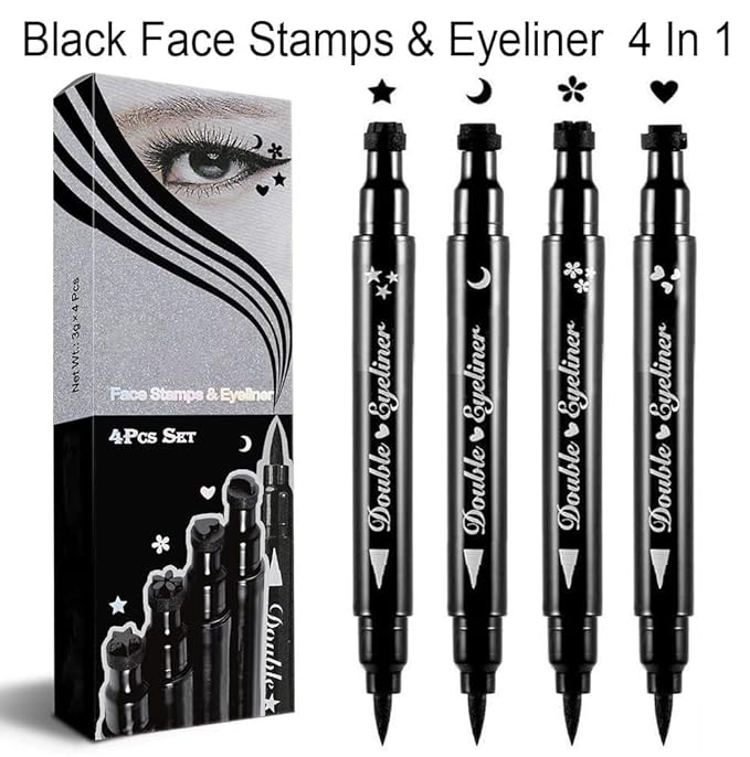 4Pcs Dual-Ended Black Liquid Eyeliners Pack with Face Stamps – Star Moon Flower Heart Stamps for Cosplay & Gothic Makeup,Fine Tip, Smudge-resistant – Beginner-Friendly (4Pcs-Black-set01)