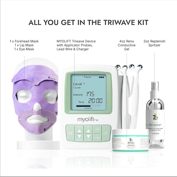 7e Wellness MyoLift TriWave Microcurrent Facial Device for Face Lifting & Toning with Conductive Gel, Probes, Masks – 3-Wave Technology for Skin Firming, Smoothing & Circulation - Face & Neck Care
