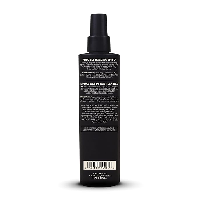 Jon Renau Flexible Holding Spray, Buildable Hold for Human Hair and Synthetic Wigs, Paraben and Sulfate Free Styling Spray, Brushable Finish with Shine and Body, 8.5 oz