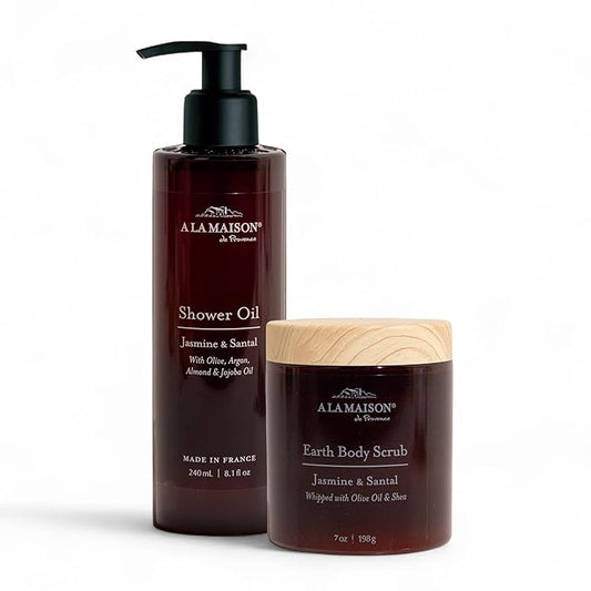 A La Maison Amber Jasmine & Santal Starter Kit - Shower Oil + Body Scrub – Gently Exfoliates & Softens Skin – French Formula, Plant-Based