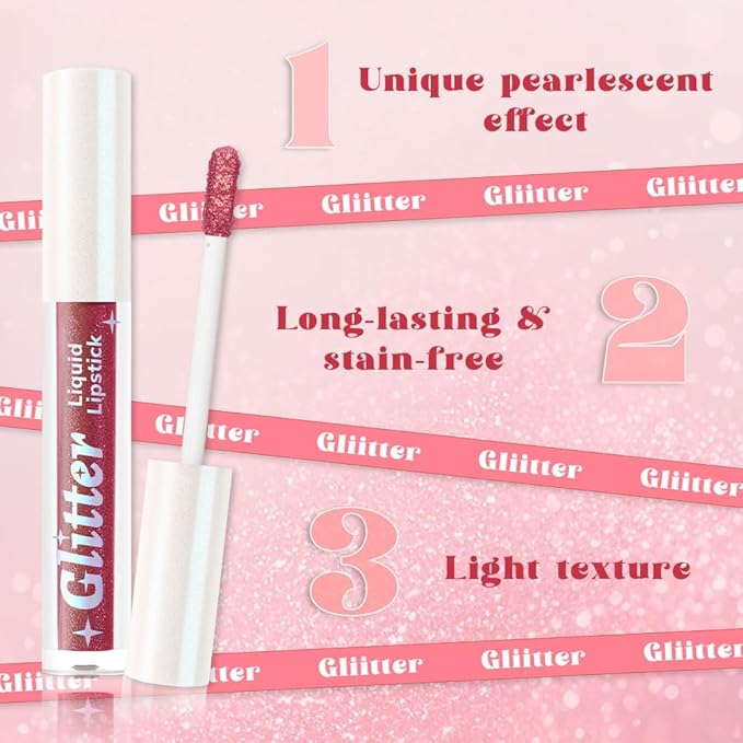 AMY'S DIARY Ruby Wine Glitter Liquid Lipstick, Shimmer Metallic Lip Gloss, Long-Lasting Waterproof Lip Color, High Shine Sparkle Makeup,Lip makeup for woman (8#)