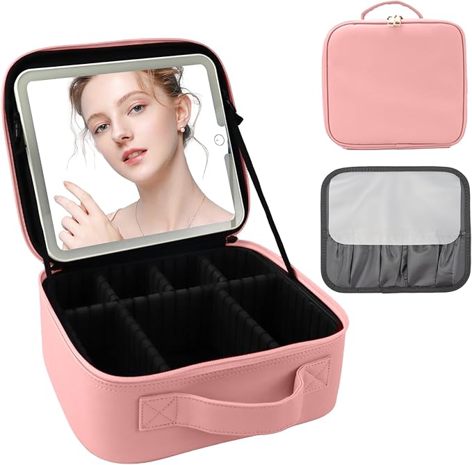 SUILU Travel Makeup Bag with LED Mirror Makeup Case with Light Up Mirror Portable Cosmetic Brush Organizer Bag with Adjustable Dividers for Cosmetics Makeup Brushes Toiletry (Pink)