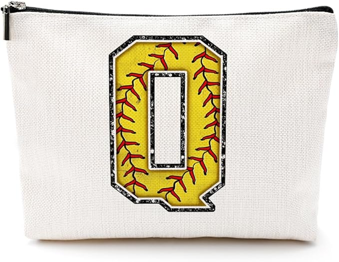 CQM Softball Gifts Initial Makeup Bag Monogrammed Cosmetic Bag Letter Q Zipper Pouch Softball Accessories for Girls Women Player Coaches Friend Graduation Birthday Gifts