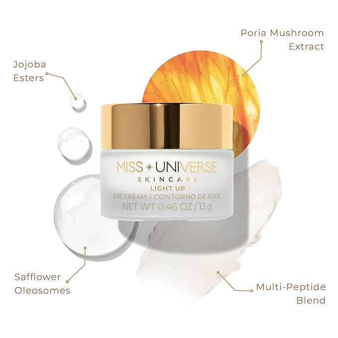 Miss Universe Skincare Light Up Eye Cream .46 oz, Firming Under Eye Cream for Dark Circles and Puffiness, Under Eye Brightener Face Cream for Women, Facial Skin Care Product with Hyaluronic Acid