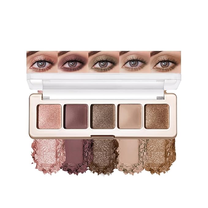 5 Colors Neutral Nude Matte & Shimmer Eyeshadow Palette,Rose Brown Beige Bronze Neutral-Warm Mattes Glitter Eye shadow Contour Makeup Palette for Mature Women, Blue Green Eyes, Daily Natural Makeup.