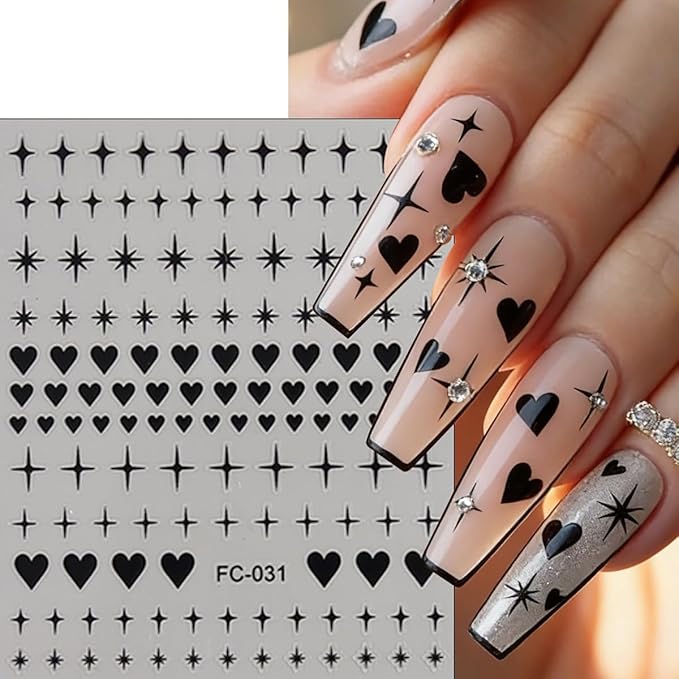 8 Sheets Heart Nail Art Stickers Red Gold Silver Black Star and Heart Nail Decals Valentines Nail Sticker Romantic Hearts Shaped Design Valentine's Stickers for Women Manicure Decoration