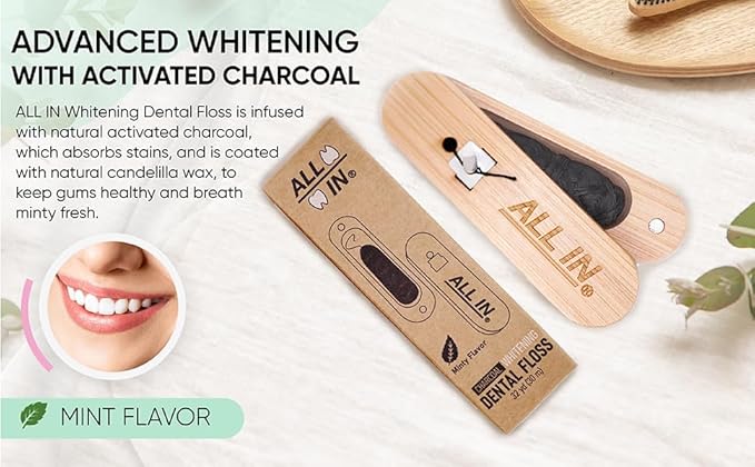 ALL IN Waxed Charcoal Floss with a Refillable Dental Floss Magnetic Holder - Plant Based, Natural, and No PFAS - Mint Floss for Effective Plaque Removal, Clean Teeth, Fresh Breath - 32 yd