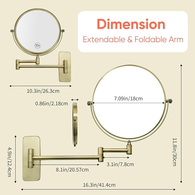 GURUN 8-Inch Double-Sided Wall Mount Makeup Mirrors with 10x Magnification Bathroom Mirror for Hotel Antique Satin Brass Finished M1406K(8in,10X)