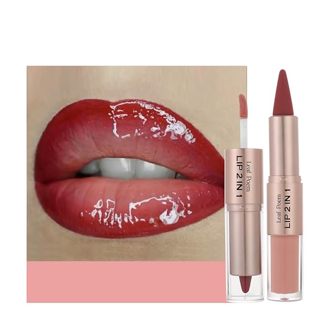 2-in-1 Double-Ended Matte Lip Liner & Lip Gloss Duo, Warm Rose Red Ombre Lip Combo Pencil, Lip Liner and Lipstick Gloss Set for Defined & Fuller Looking Lips (#10 Warm Rose Red Ombre)